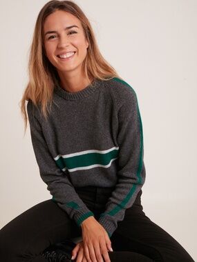 Subdued Cozy Gray Sweater with Green & White Stripes